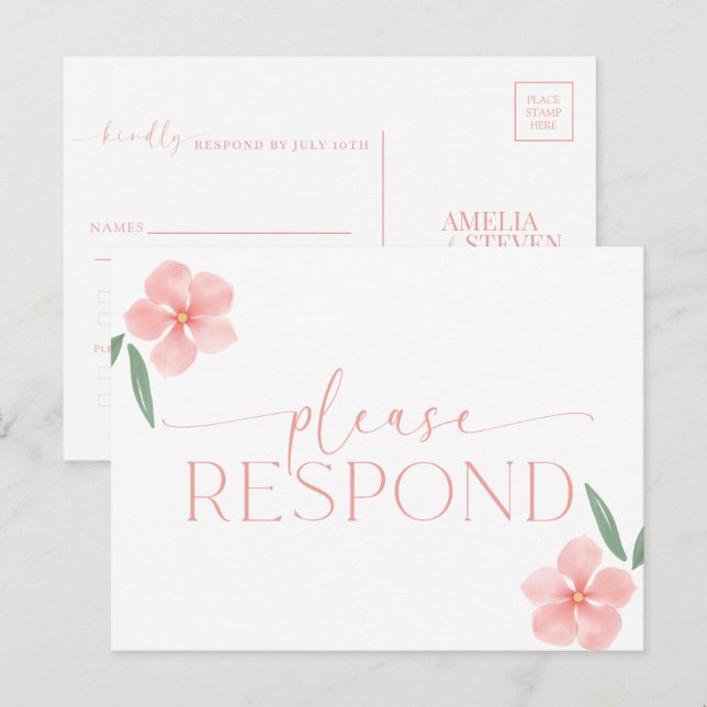 Elegant Peach Floral  Wedding RSVP  Postcard (Front/Back)