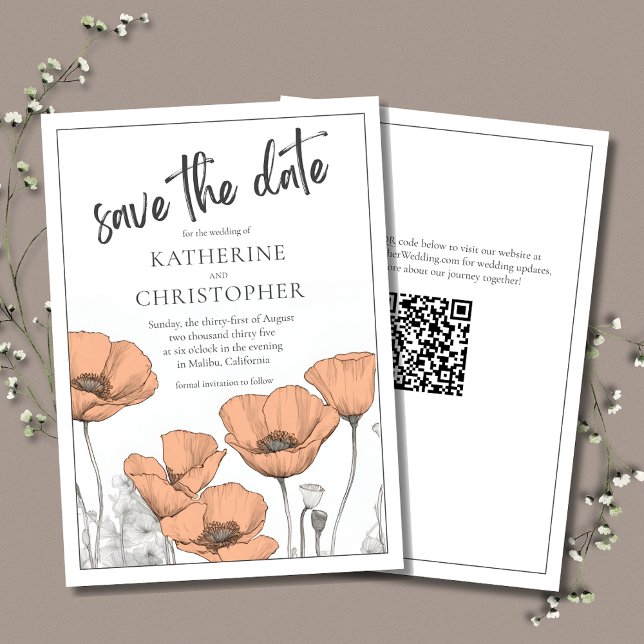 Elegant Peach Floral Wedding Save The Date (Peach Poppies Elegant Modern Save the Date Card with California Poppies and QR Code.)