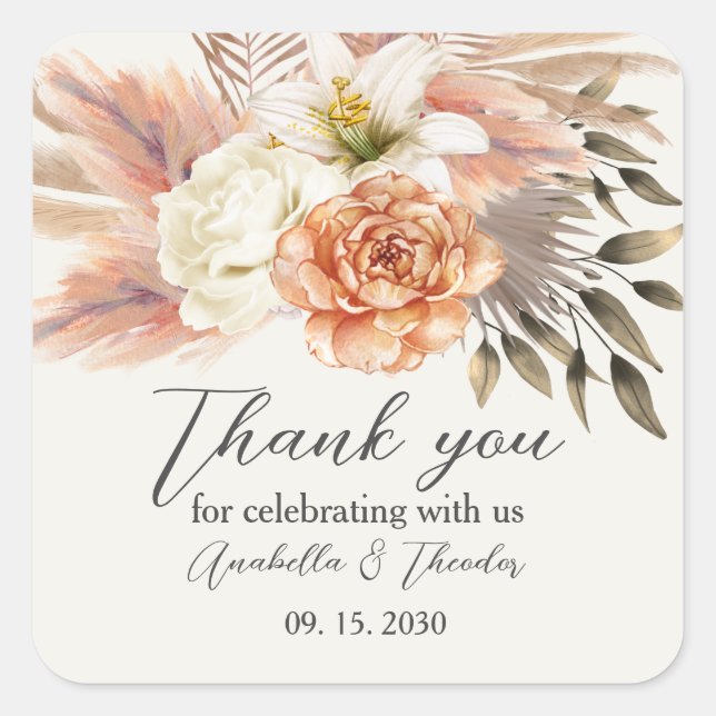 Elegant Peach Floral Wedding Thank You Sticker (Front)