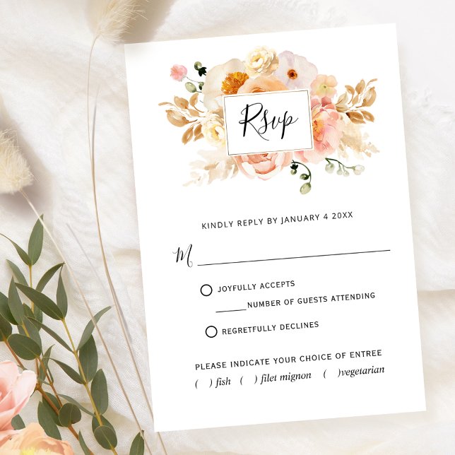 Elegant Peach Floral With or Without Meals Choices RSVP Card (Creator Uploaded)