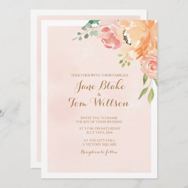 Elegant peach flower watercolor wedding invitation (Front/Back)