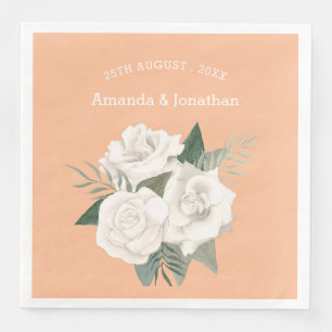 Elegant Peach Fuzz and White Roses Wedding Napkin
