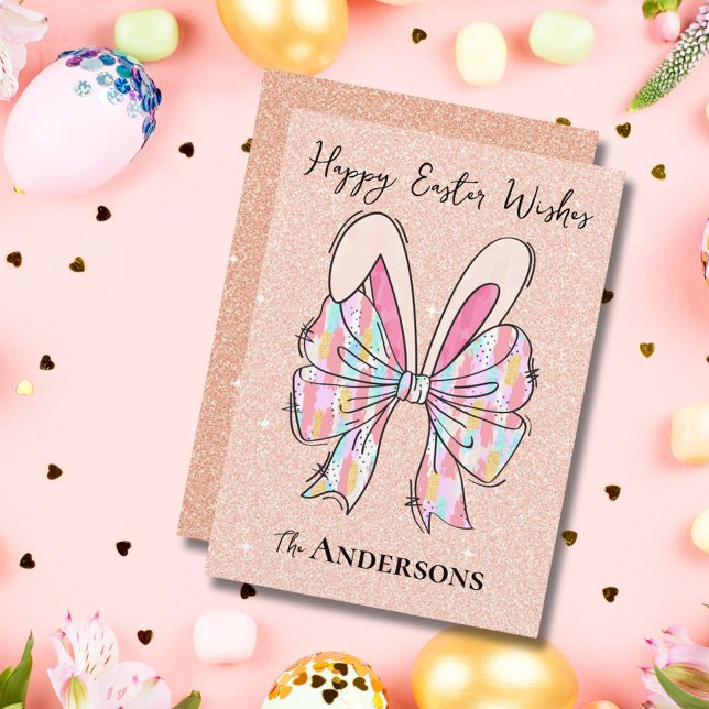 Elegant Peach Glitter Easter Bunny Ears & Bow Holiday Card (Creator Uploaded)