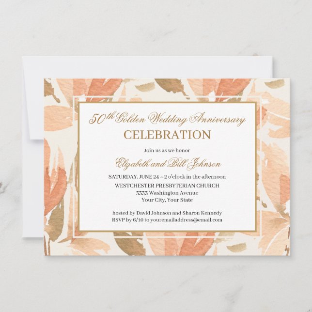 Elegant Peach Gold Cream 50th Wedding Anniversary Invitation (Front)