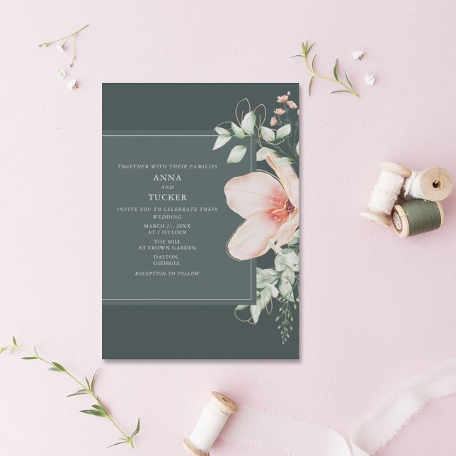 Elegant Peach & Gold Floral Emerald Wedding Invita Invitation (Creator Uploaded)