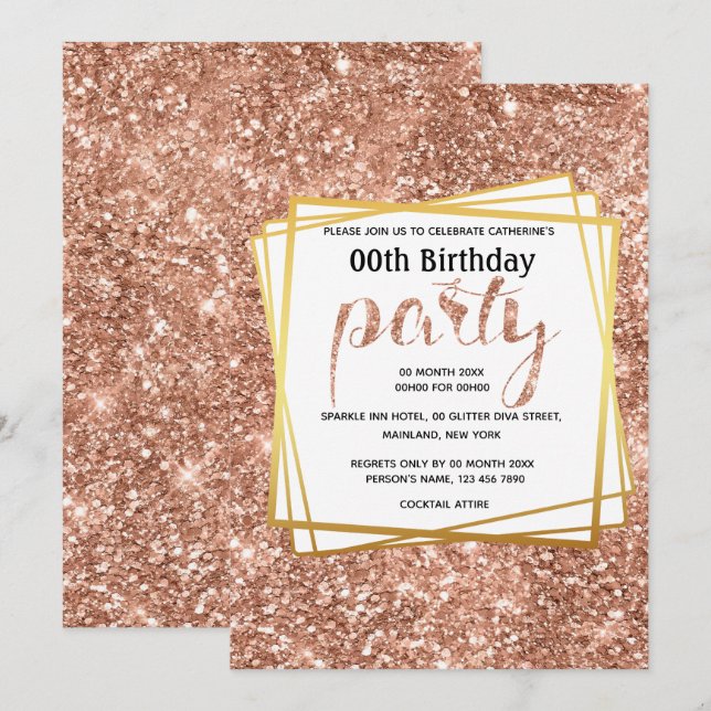 Elegant peach gold glitter birthday age party invitation (Front/Back)