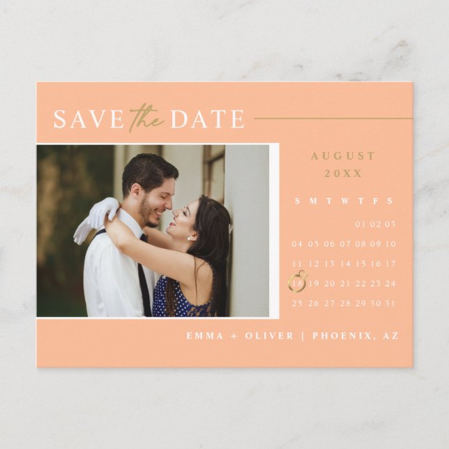 Elegant Peach Gold Save the Date Calendar QR Code Postcard (Front)