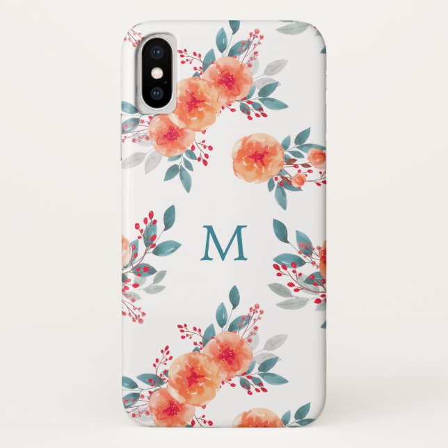 Elegant Peach & Green Floral Monogram Case-Mate iPhone Case (Back)