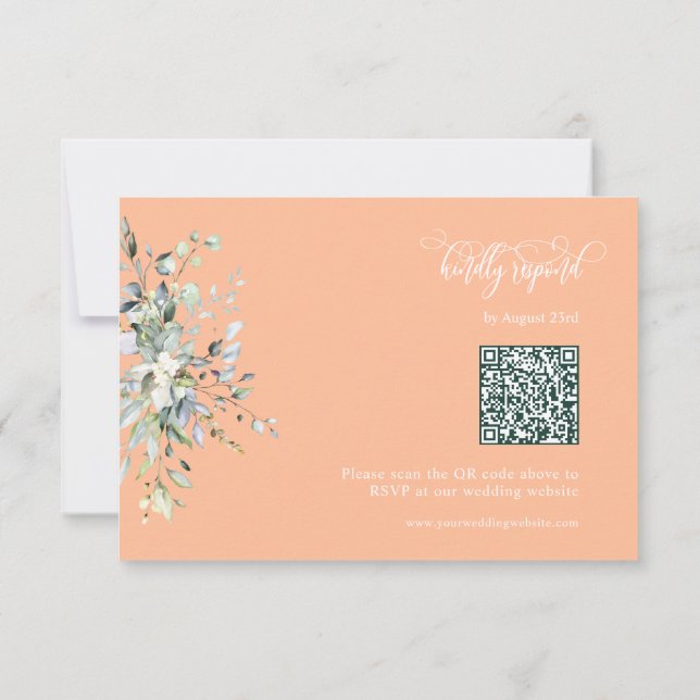 Elegant Peach Green Leaves QR Code Response Card (Back)