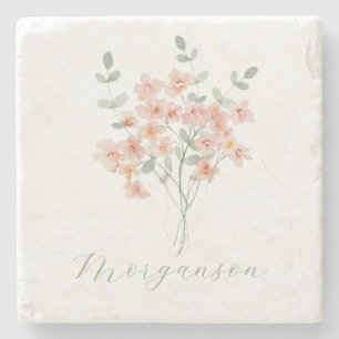 Elegant Peach &Green Watercolor Floral  Stone Coaster