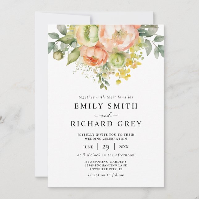 Elegant Peach & Greenery Floral Foliage Wedding Invitation (Front)