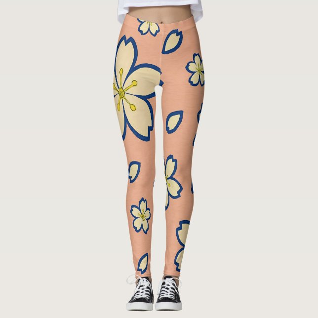 Elegant Peach Kimono – Traditional Japanese Floral Leggings (Front)