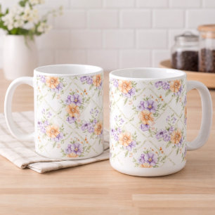 Elegant Peach Lavender Spring Floral Cottagecore Coffee Mug