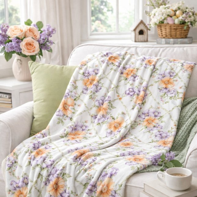 Elegant Peach Lavender Spring Floral Cottagecore Fleece Blanket (Creator Uploaded)