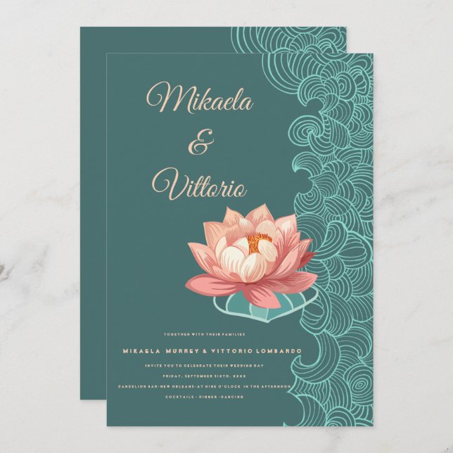 Elegant Peach Lotus On Teal Wedding Invitation (Front/Back)