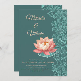 Elegant Peach Lotus On Teal Wedding Invitation