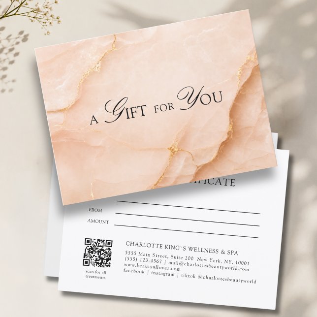 Elegant Peach Marble QR Code Gift Certificate (A Gift for You! Peach Gold Marble QR Code Gift Certificate)