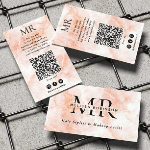Elegant Peach Marble Texture Monogram and QR Code Business Card