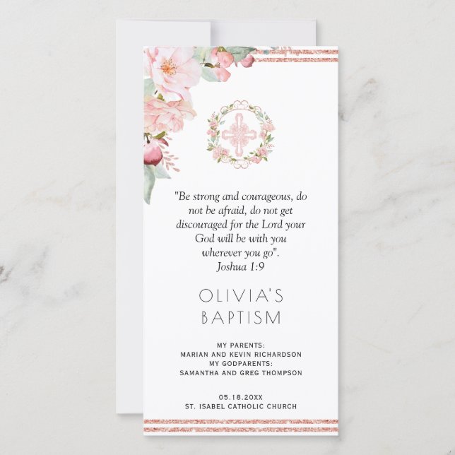 Elegant Peach, Mint Floral Baptism Bookmark Favour Thank You Card (Front)