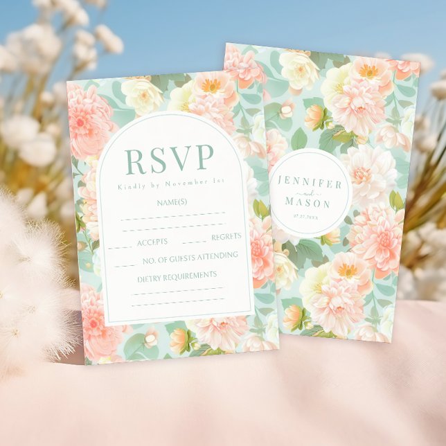 Elegant Peach Mint Teal Floral Wedding RSVP Cards (Creator Uploaded)