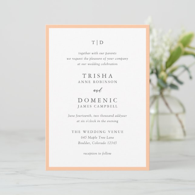 Elegant Peach Monogram Modern Wedding Invitation (Standing Front)