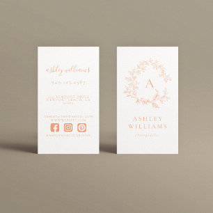 Elegant Peach Monogram Professional Floral Crest Business Card