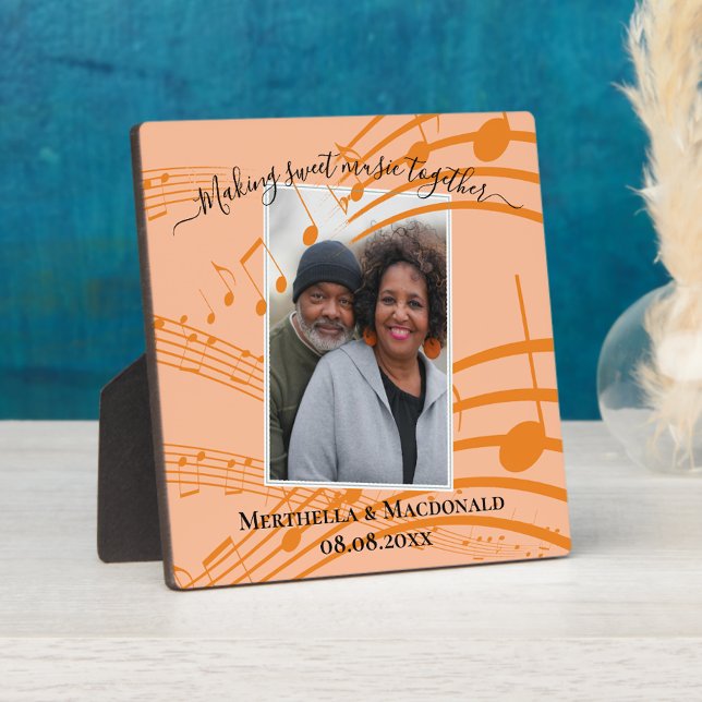 Elegant Peach Music Notes Couples Valentine Photo Plaque (MAKING SWEET MUSIC TOGETHER Couple's Valentine photo plaque with customizable text and musical notes)