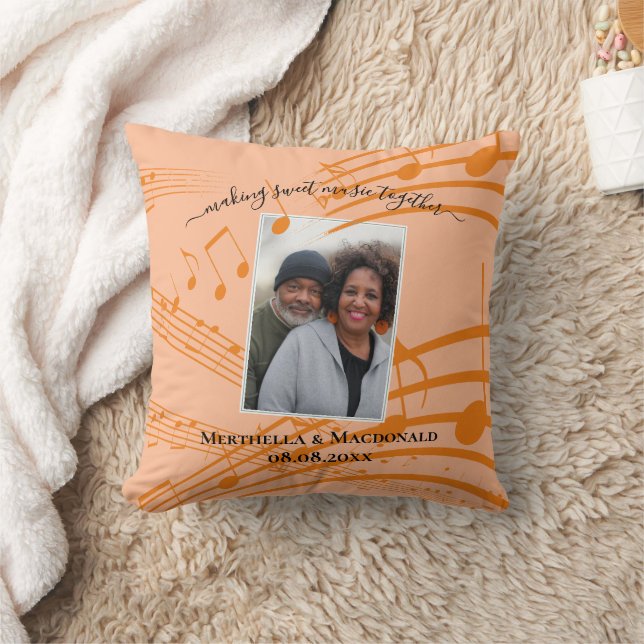 Elegant Peach Music Notes Couples Wedding Photo Cushion (Blanket)