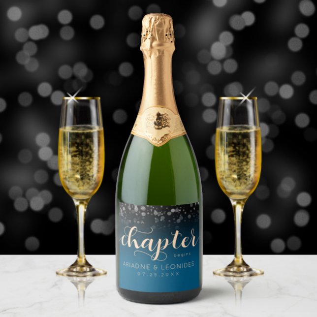 Elegant Peach Mykonos Blue Wedding A New Chapter Sparkling Wine Label (Creator Uploaded)