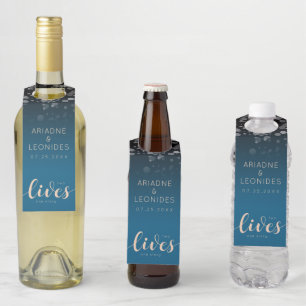 Elegant Peach Oceanic Blue Wedding 2 Lives 1 Story Bottle Tag