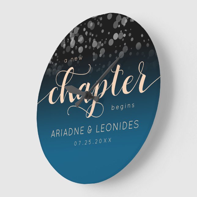 Elegant Peach Oceanic Blue Wedding A New Chapter Large Clock (Angle)