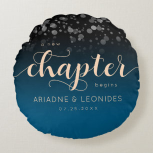 Elegant Peach Oceanic Blue Wedding A New Chapter Round Cushion