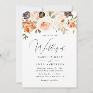Elegant Peach Orange Floral Foliage Wedding Invitation