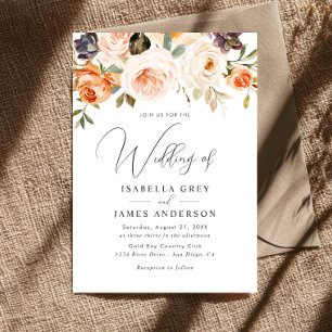 Elegant Peach Orange Floral Foliage Wedding Invitation
