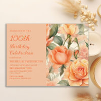Elegant Peach Orange Floral Roses 100th Birthday
