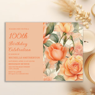Elegant Peach Orange Floral Roses 100th Birthday Invitation Postcard