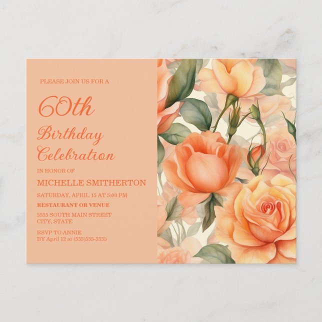 Elegant Peach Orange Floral Roses 60th Birthday Invitation Postcard (Front)
