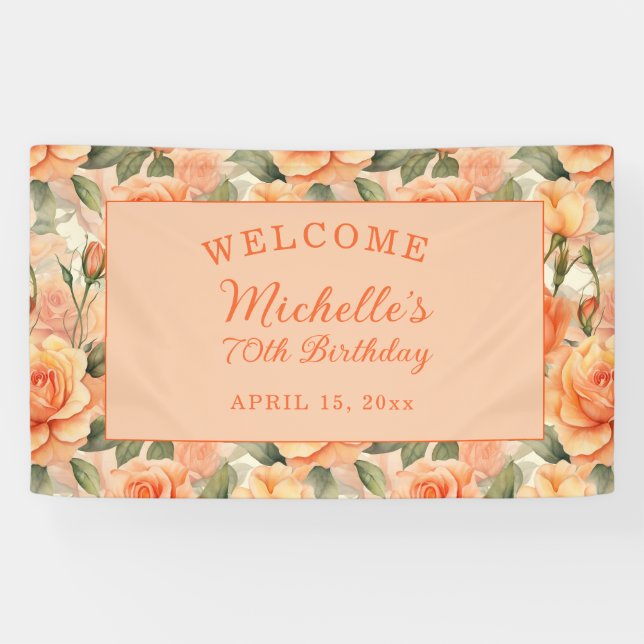 Elegant Peach Orange Floral Roses 70th Birthday Banner (Horizontal)