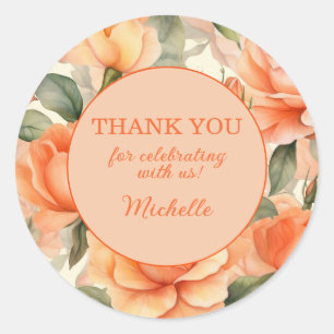 Elegant Peach Orange Floral Roses Thank You Classic Round Sticker