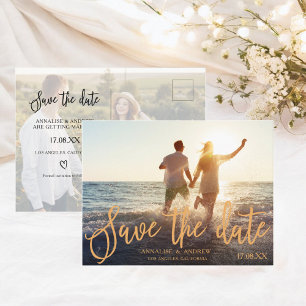 Elegant peach orange script 2 photos save the date postcard