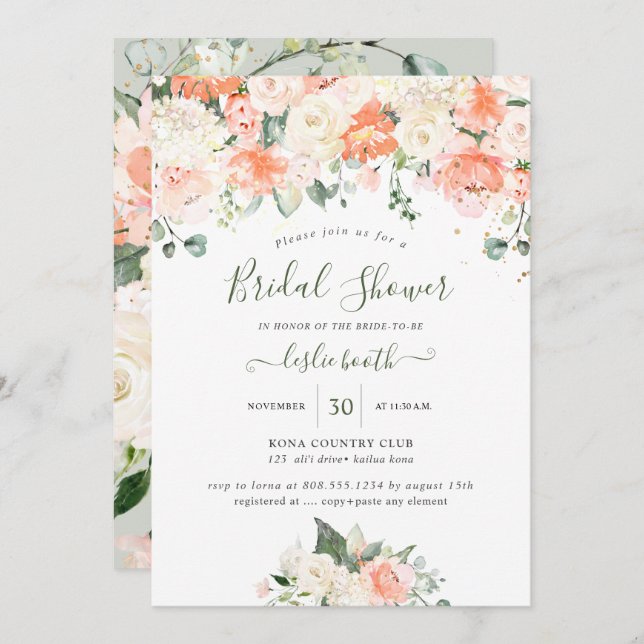 Elegant Peach Peonies Cream Roses Bridal Shower Invitation (Front/Back)