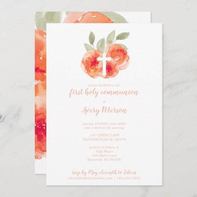 Elegant Peach Peonies Cross First Holy Communion Invitation (Front/Back)