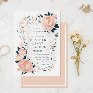 Elegant Peach Peonies Floral Spring Wedding Invitation