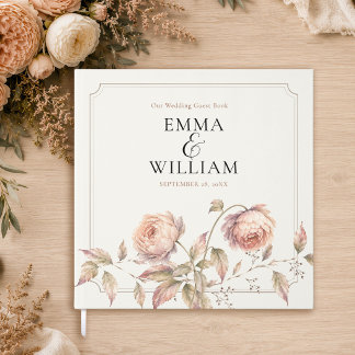 Elegant Peach Peony Botanical Wedding Guest Book