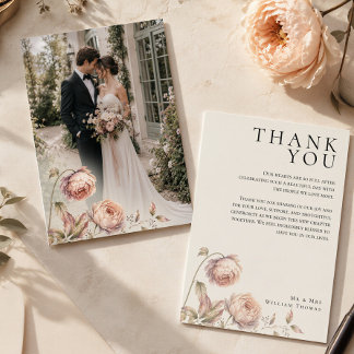 Elegant Peach Peony Editorial Wedding Photo Thank You Card