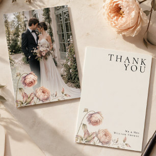 Elegant Peach Peony Editorial Wedding Photo Thank You Card