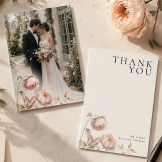 Elegant Peach Peony Editorial Wedding Photo Thank You Card