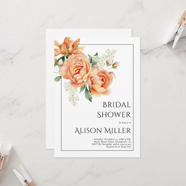 Elegant peach peony flowers bridal shower invitation (Front/Back In Situ)
