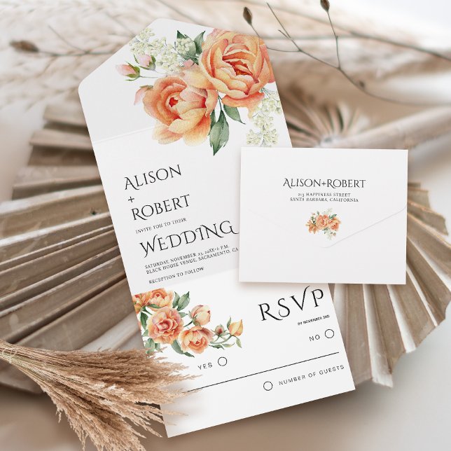 Elegant peach peony flowers wedding all in one invitation (Creator Uploaded)
