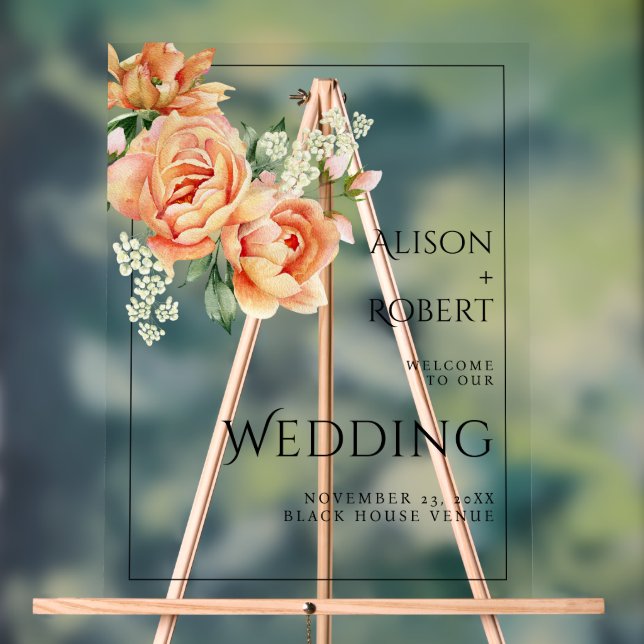 Elegant peach peony flowers wedding WELCOME Acrylic Sign (Neutral)